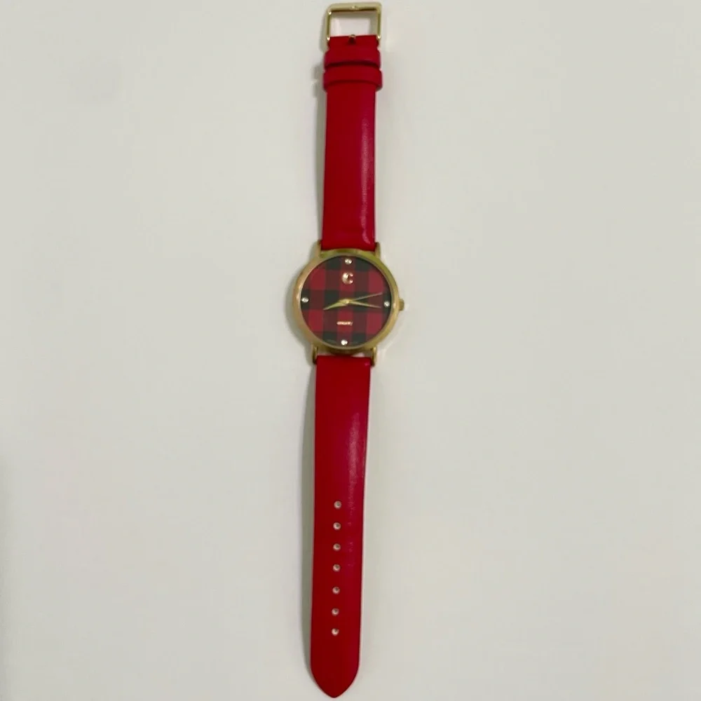 Charming Charlie Red Strap Plaid Round Face Watch Analog Holiday Christmas